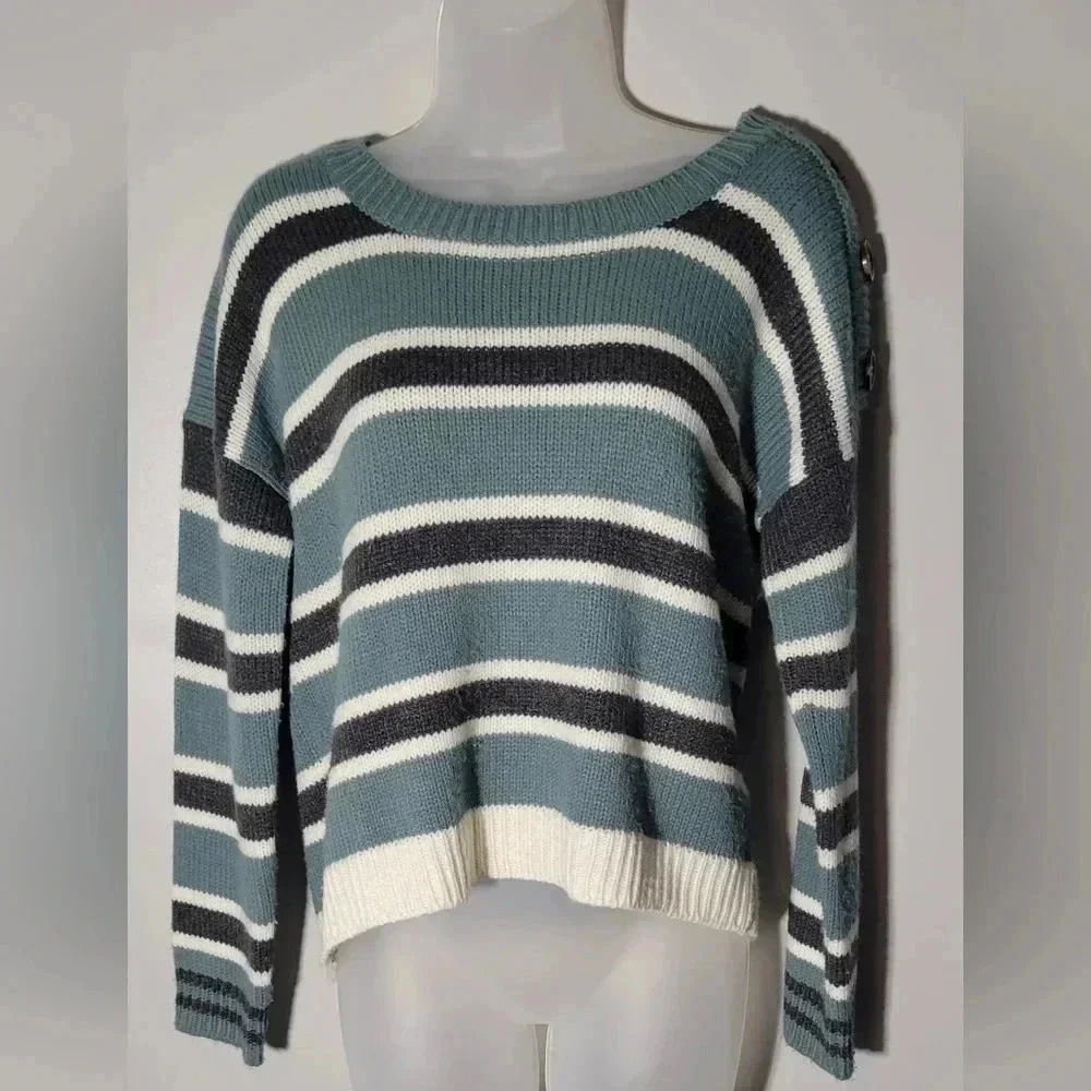 Pink Rose, Striped cropped knit sweater, sage, ivory & gray, womens size LG